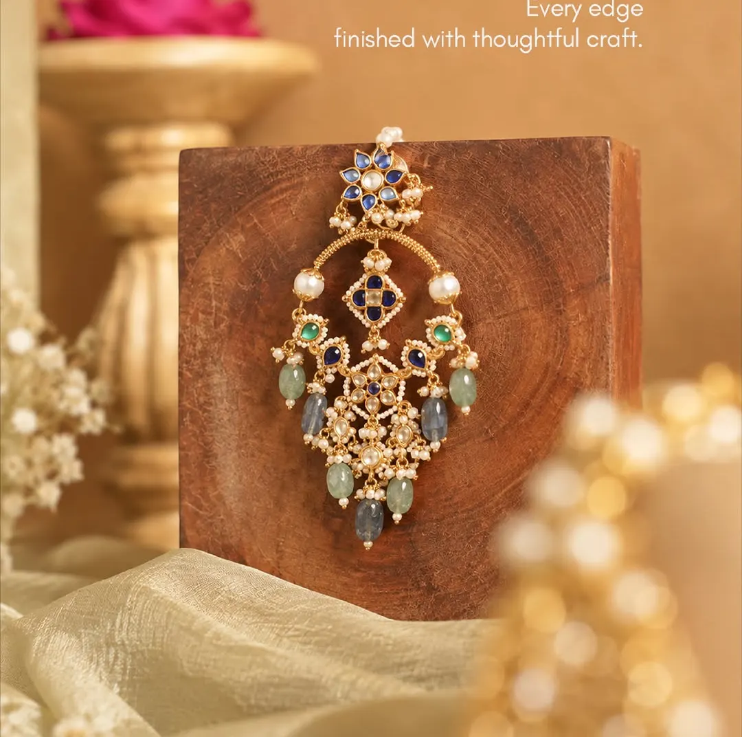 Pearl chandbali pendant: Polki, pearls, coloured drops