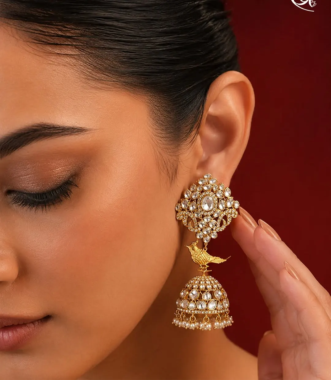 Parrot jhumkas: Polki, gold, pearls