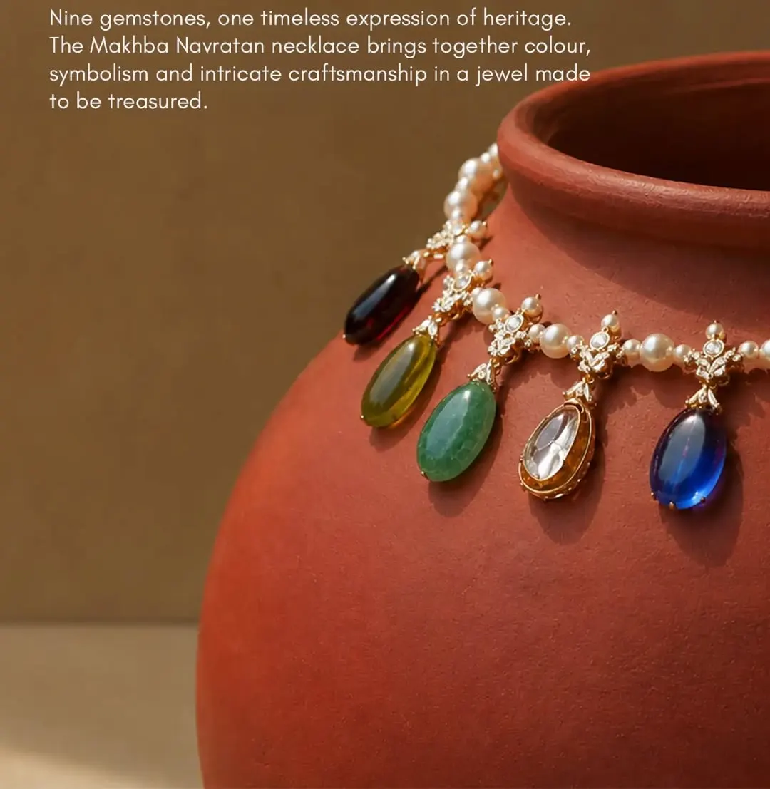 Navratna necklace: Nine gemstones, pearls