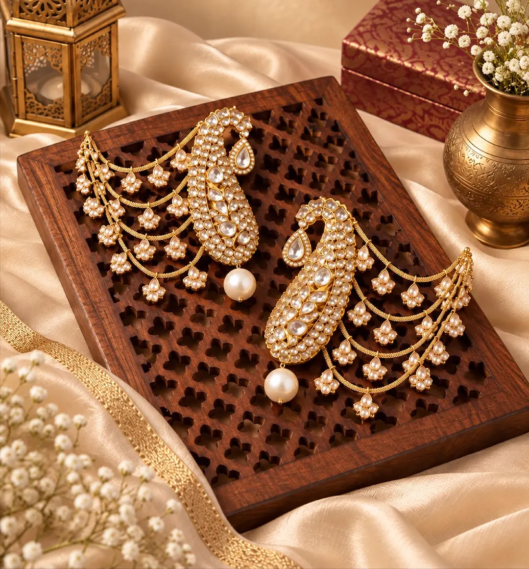 Paisley polki earrings: Polki, pearl drops