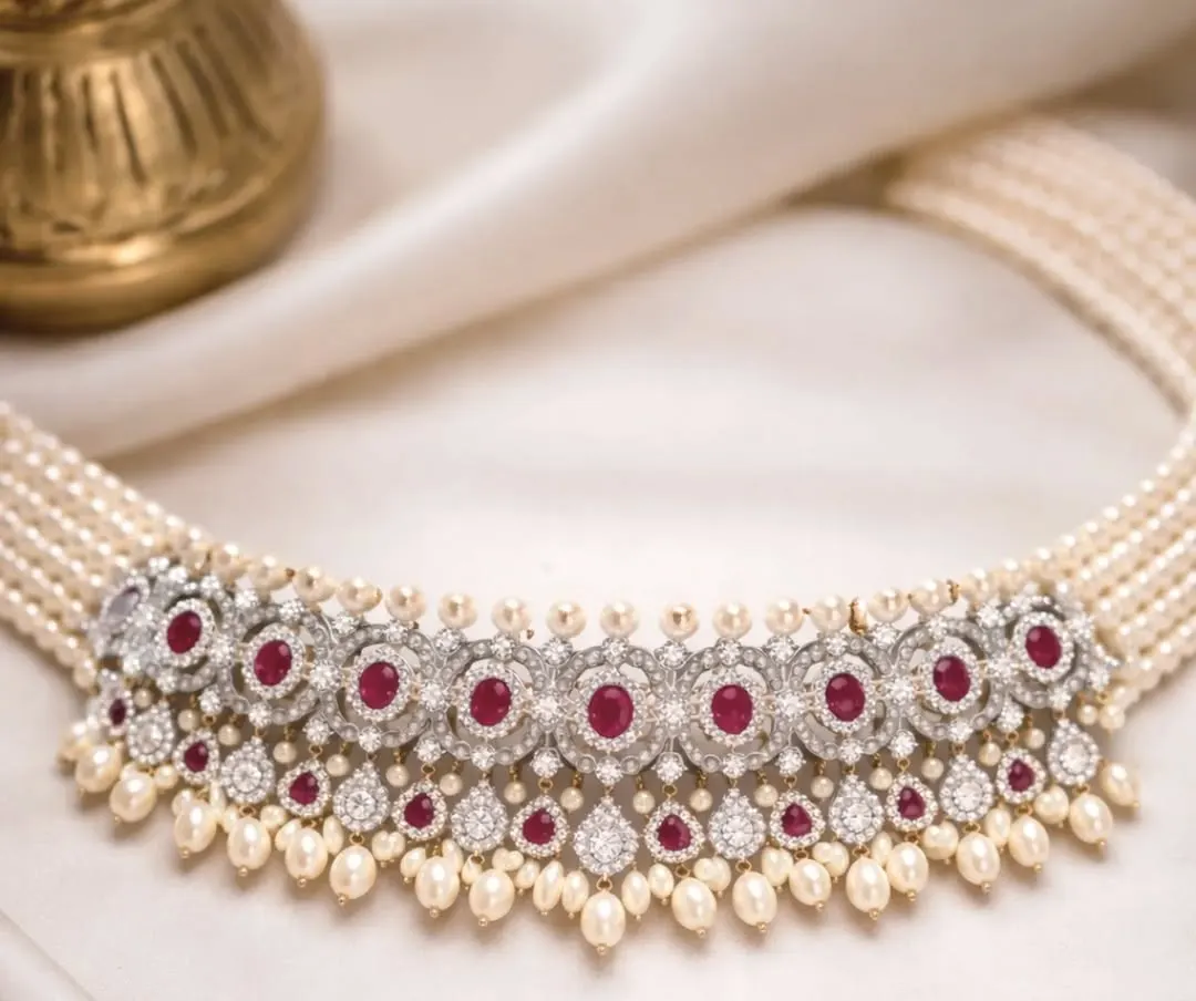 Rouge cascade choker: Diamonds, rubies, pearl strands