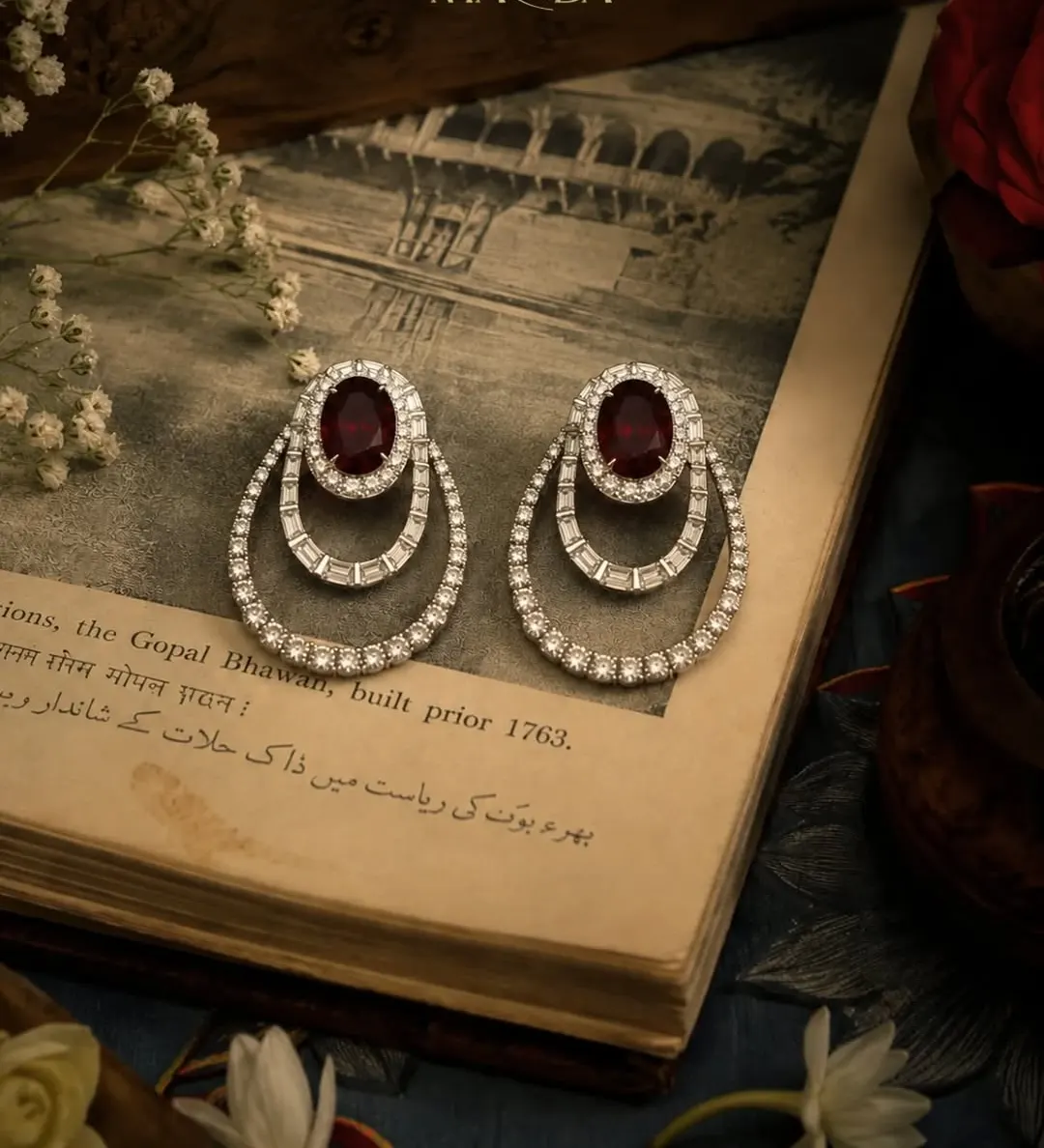 Ruby halo earrings: Ruby, diamond halos