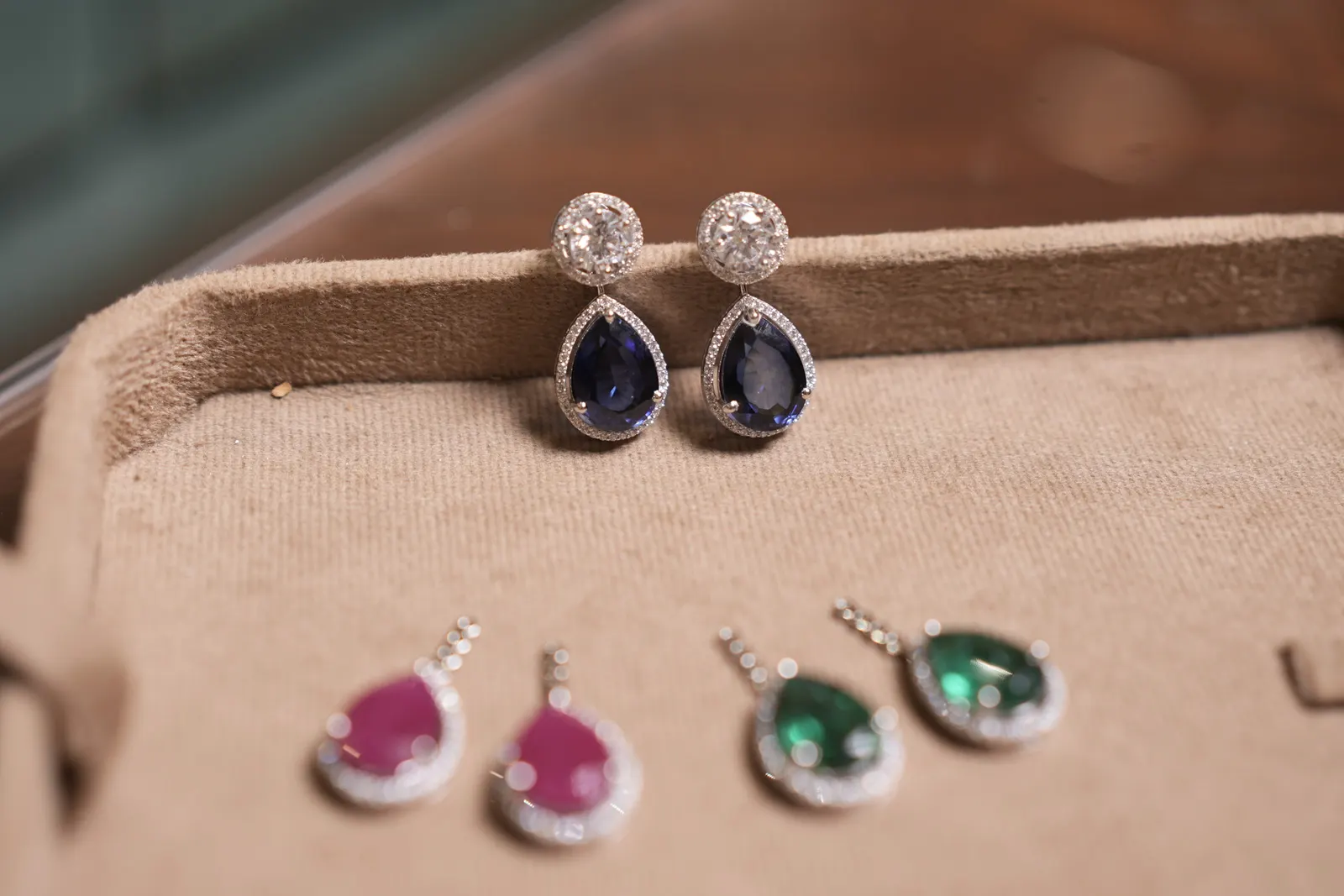 Jewel-tone drops: Blue, pink & green stones, diamonds
