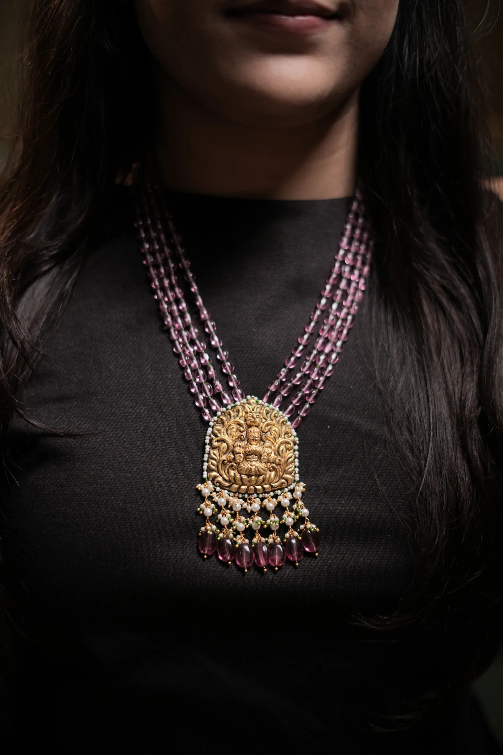 Lakshmi temple pendant: Gold, ruby beads